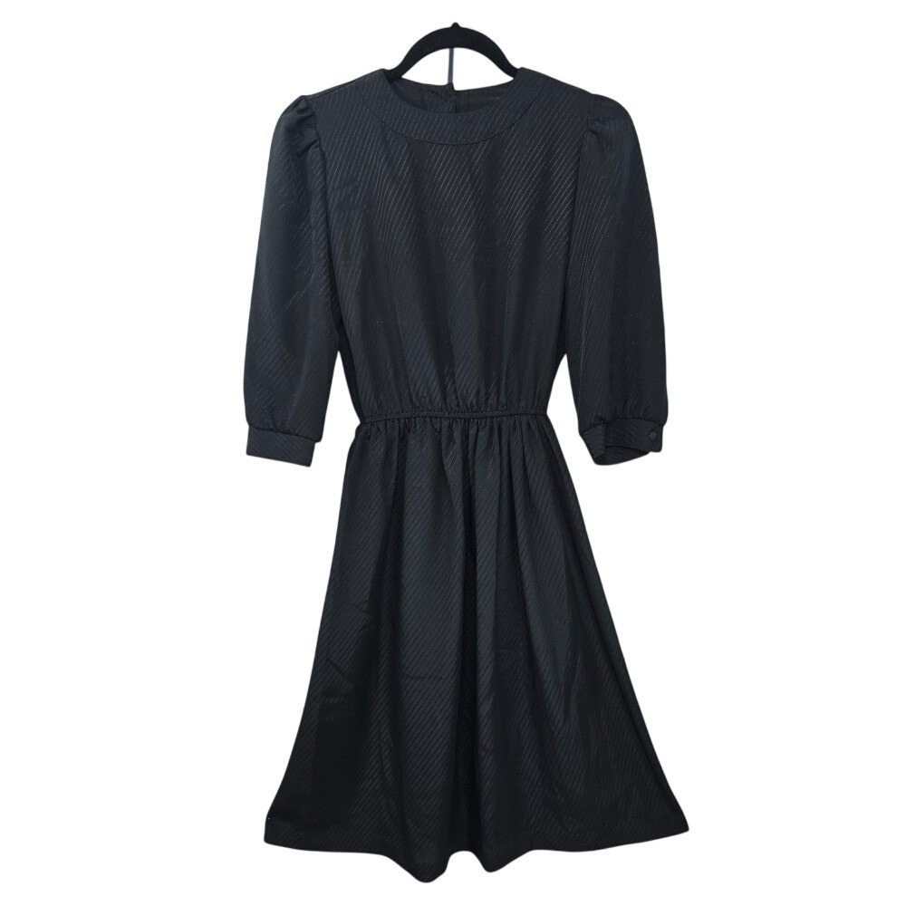 Vintage Little Black Dress Striped 3/4 Sleeve Elastic Waist Fit & Flare GothCore